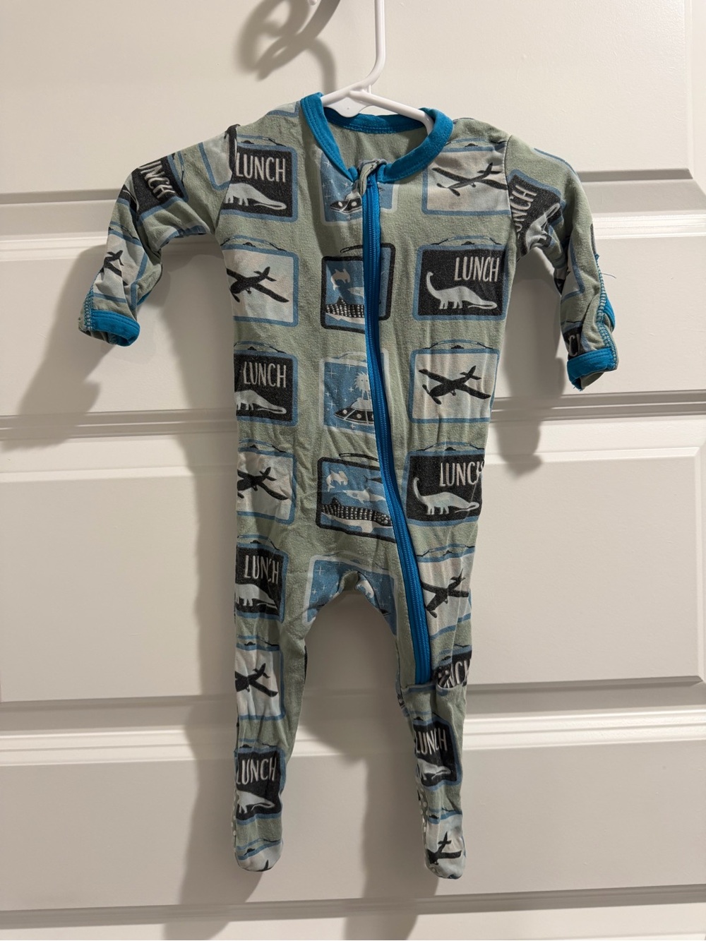 Kickee Pants Light Green & Blue Dino and Plane Zip Footed One-Piece